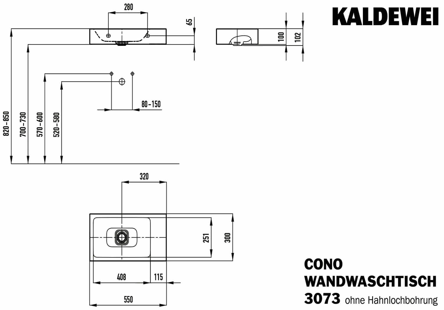 KA Wandwaschtisch CONO Mod.3073, 550 x 300, alpinweiß matt,Perl-Effekt,AD,oÜL