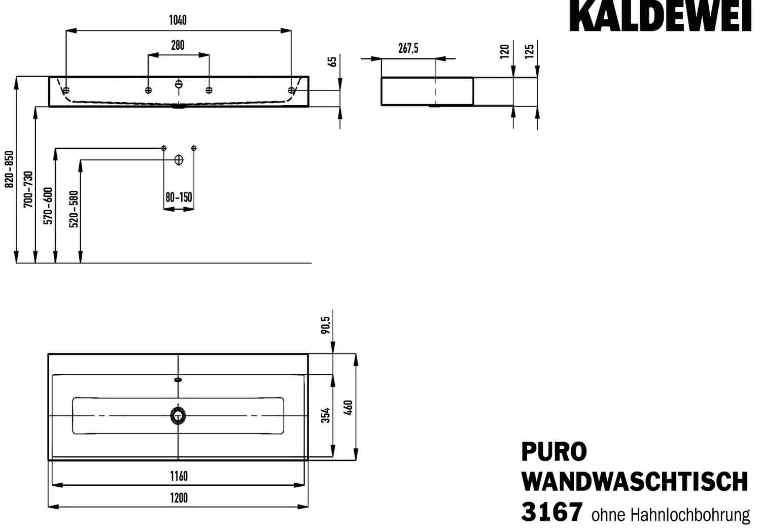 KA WB PURO WANDWASCHTISCH Mod.3167,1200x 460mm,alpinweiß matt,PEFF,AD,mÜL,chr