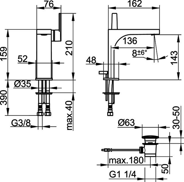 KEUCO EHM-WT-Mischer 150 E11 51102, mit Ablaufgrt., sw-matt
