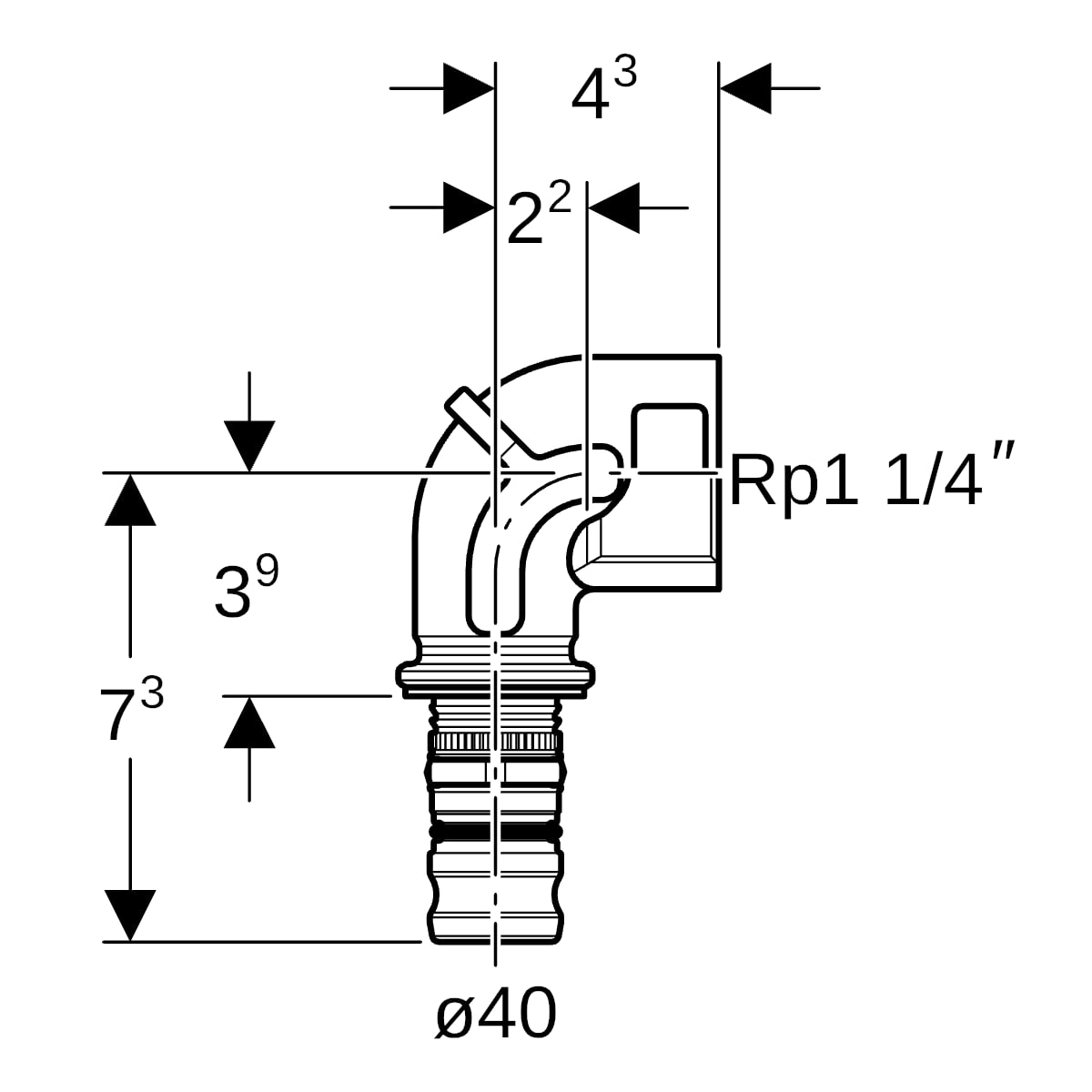 Geberit Mepla Übergangsbogen 90Gr mit IG d40-Rp1 1/4