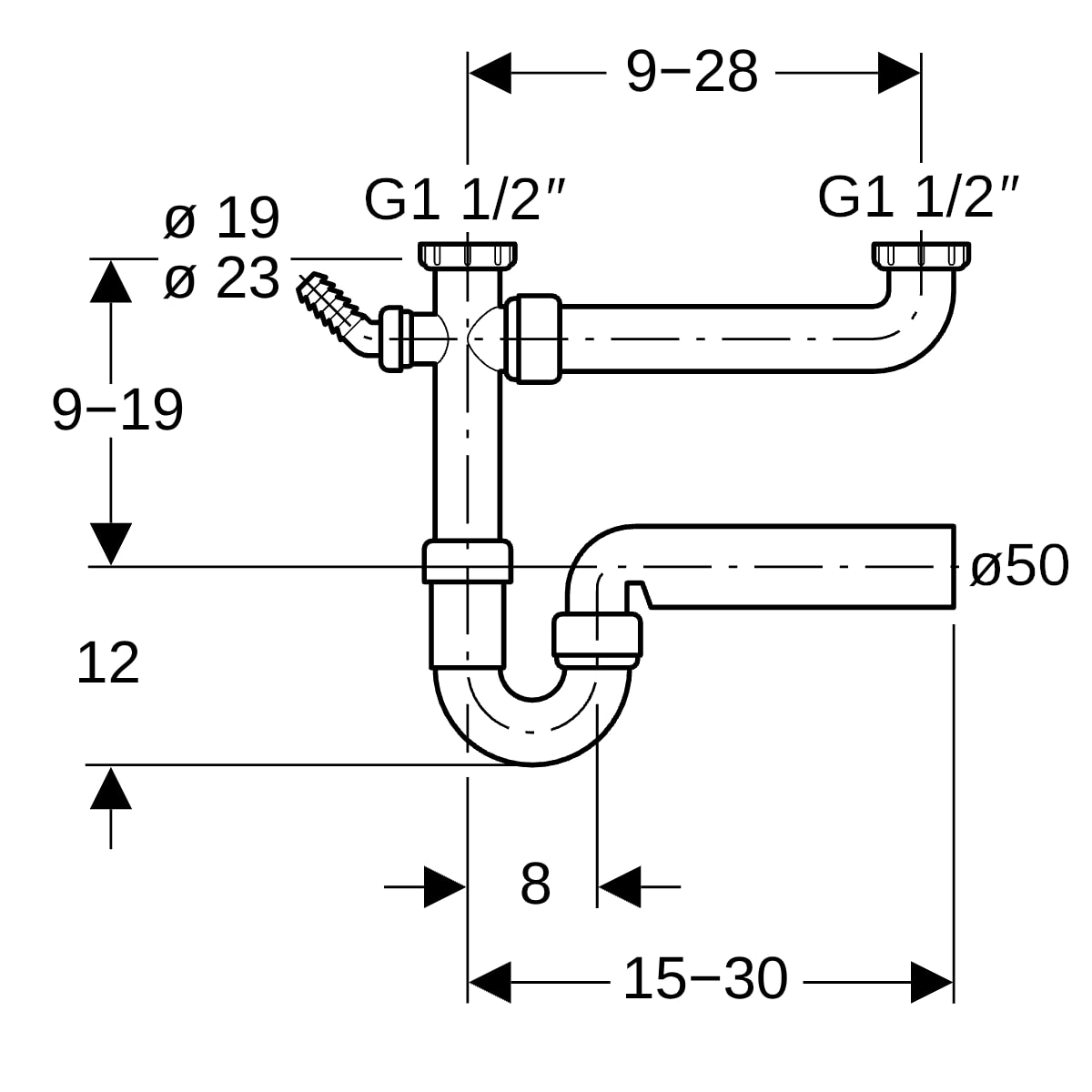 Geberit Rohrbogengeruchsverschluss für zwei Spülbecken Abgang horiz. G1 1/2x50 OM
