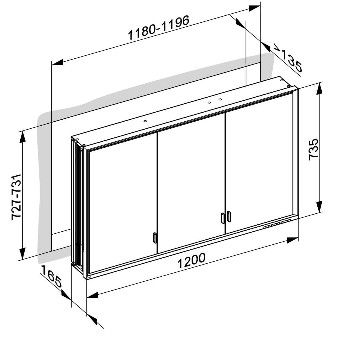 KEUCO SPS R. Lumos 14315, ohne Ablagef., Einbau, silb-elox., 1200x735x165mm