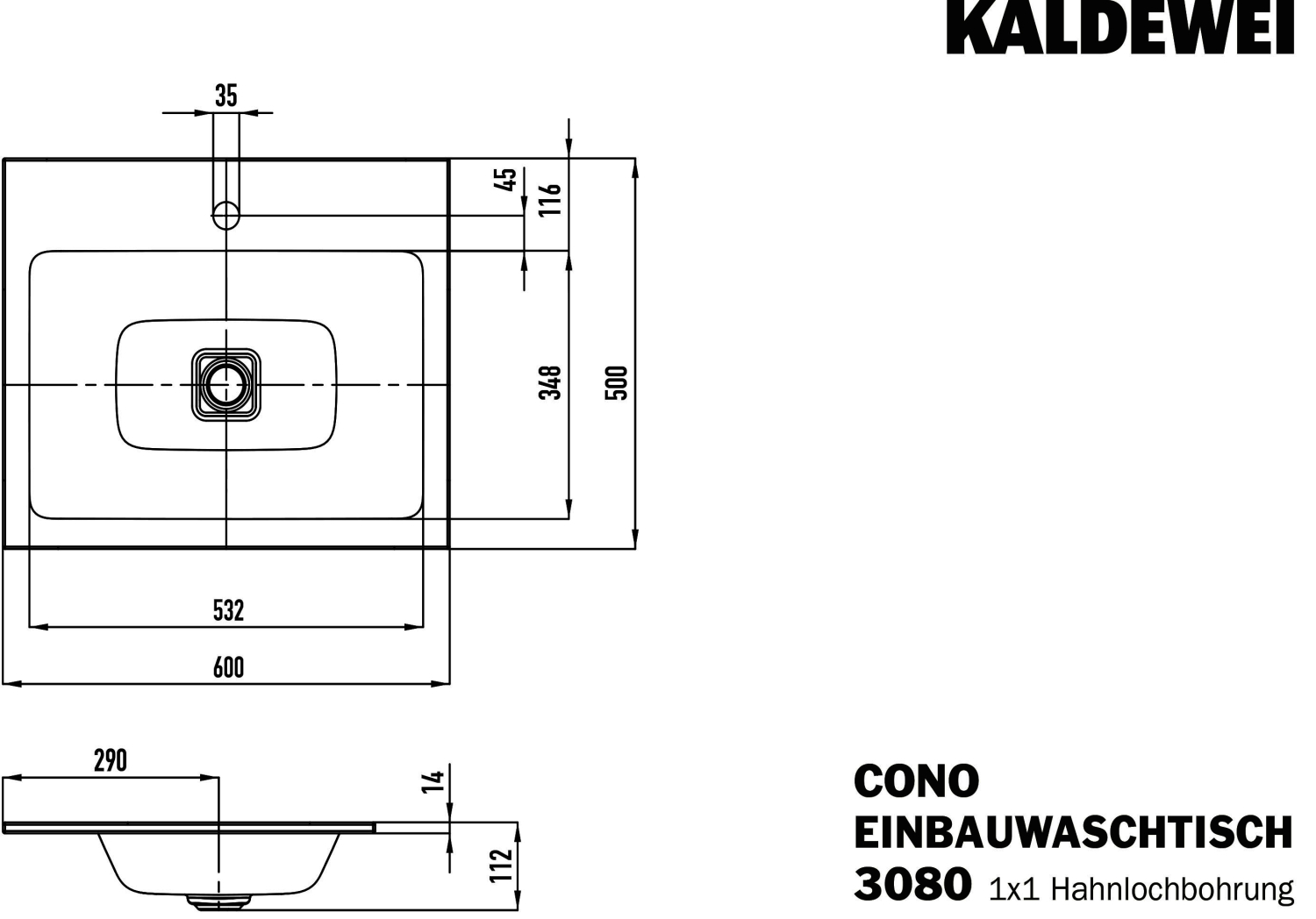 KA WB CONO EINBAUWASCHTISCH Mod.3080,600 x500mm,schwarz,PEFF,AD,m. 1HL,oÜL