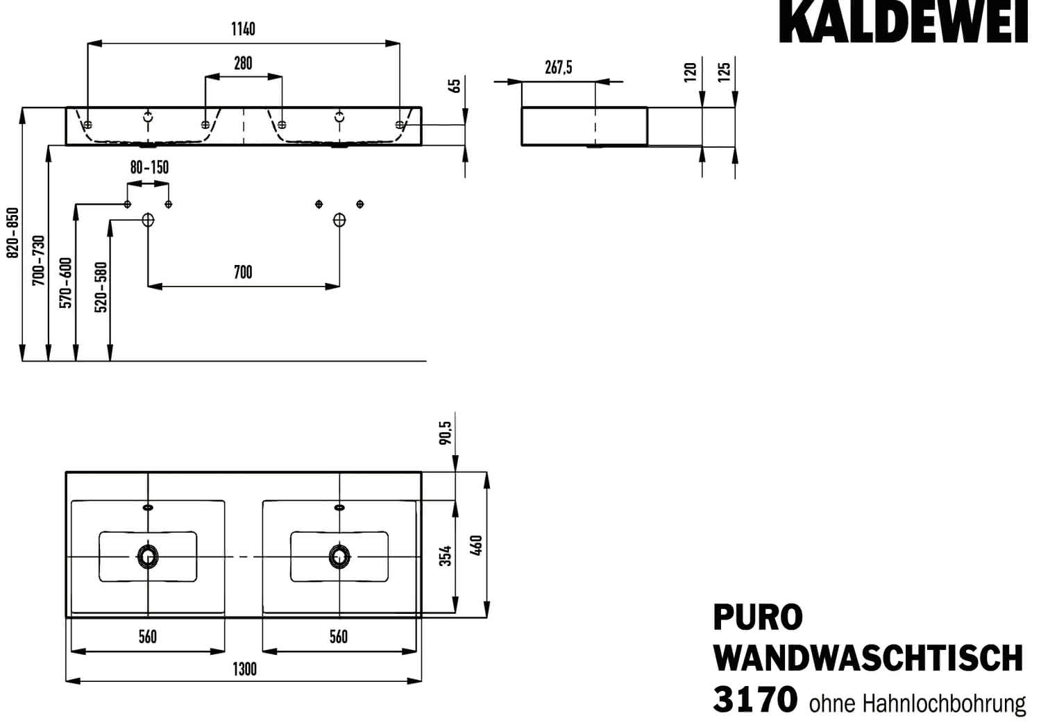 KA WB PURO WAND-DOPPELWASCHTISCH Mod. 3170,1300x460mm,alpwe,PEFF,AD,mÜL,chr