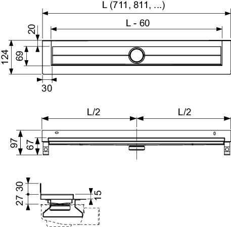TECEdrainline Duschrinne mit Wandaufk. und Seal System Dichtband, 1500 mm