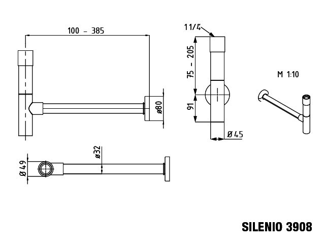 KA Designsiphon M.3908 für alle Modelle verchr.,G 1 1/4 AG,Anschlussrohr d 32mm