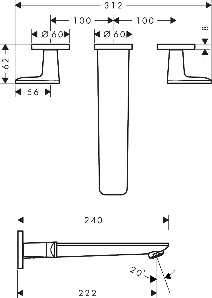 Hansgrohe 3-Loch Fertigset Wannemisch.Wand UP Axor Citterio C Cubic cut BBR