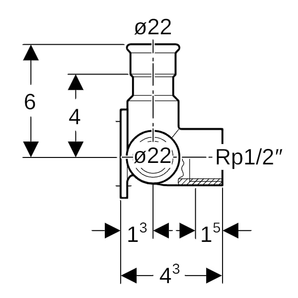 Geberit Mapress Edelstahl Eckanschlusswinkel 90Gr d22-Rp1/2, L:4,3cm