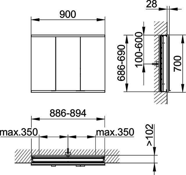 KEUCO Royal Modular 2.0 SPS, bel. 80031, Einb,1Steckd/USB,sb-elox,900x700x120mm