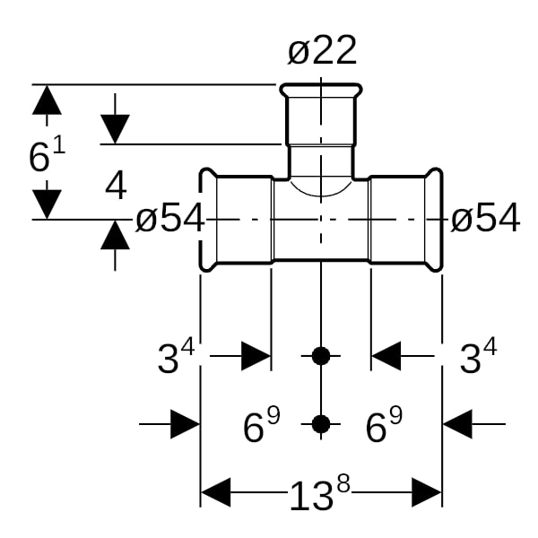 Geberit Mapress Kupfer T-Stück reduziert (Gas) d54-22-54