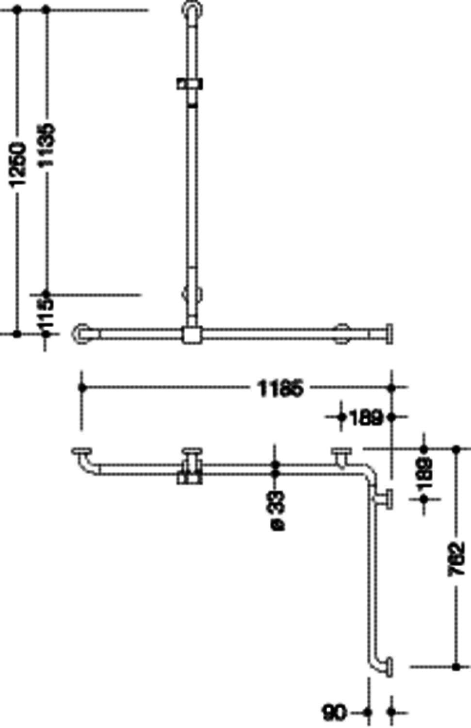 HEWI DU-Wannenhdl. m.Br.H.Stg. Ser 805, AM1:1250, W1:1185, W2:762 signalweiß