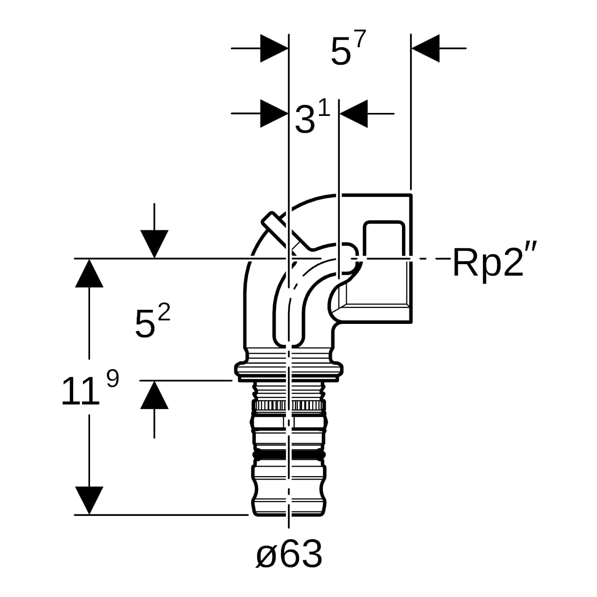 Geberit Mepla Übergangsbogen 90Gr mit IG Rg d63-Rp2