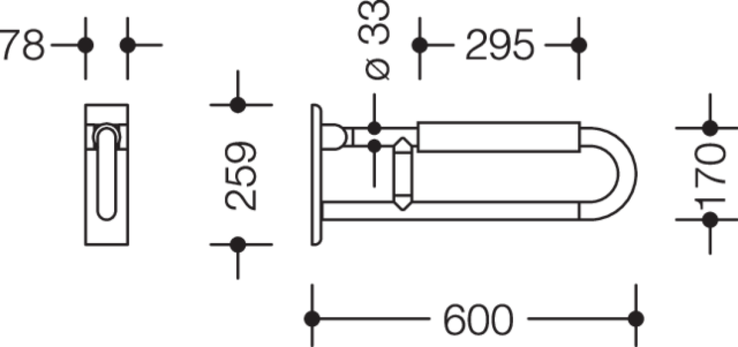 HEWI Stützklappgriff drehb. Ser 801, L:600mm, mit Armpolster rubinrot