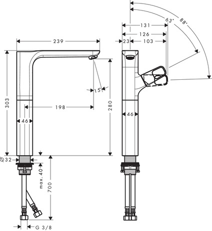 Hansgrohe Waschtischmischer 280 Axor Urquiola PRG für Waschschüssel ohne Halter