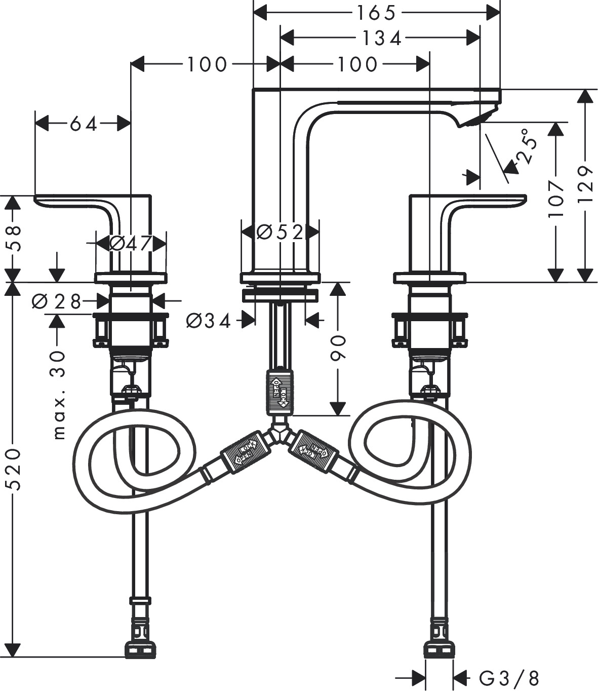 Hansgrohe 3-Loch Waschtischarmatur Rebris S mit Zugstange chrom