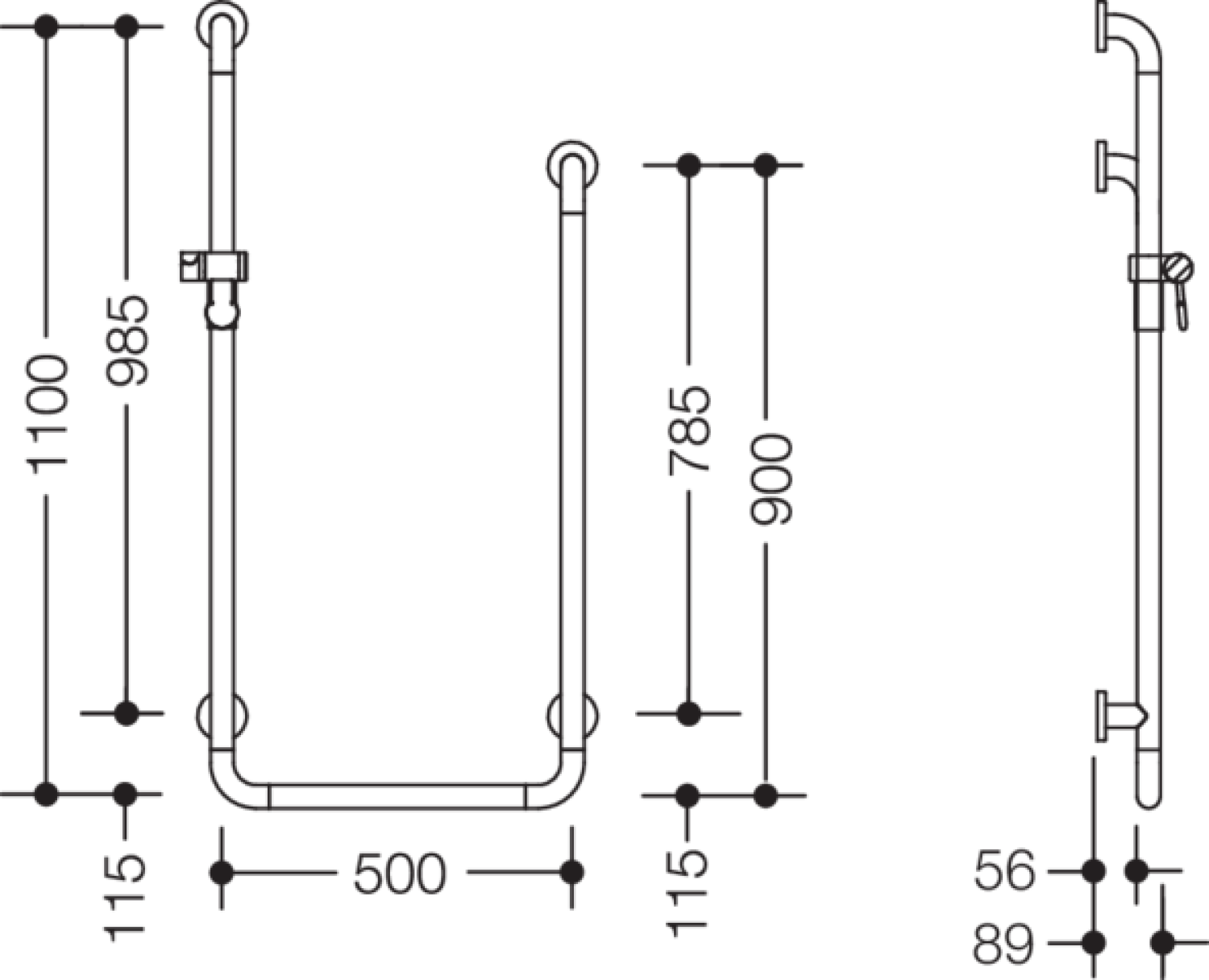 HEWI Duschhandlauf U-Form Ser 801, d:33, AM1:1100,A2:900,W1:500 felsgrau