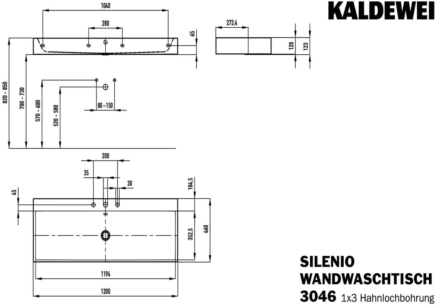 KA WB SILENIO WANDWASCHTISCH Mod.3046, 1200x460mm,alpwe,PEFF,AD,m. 3HL,mÜL,chr