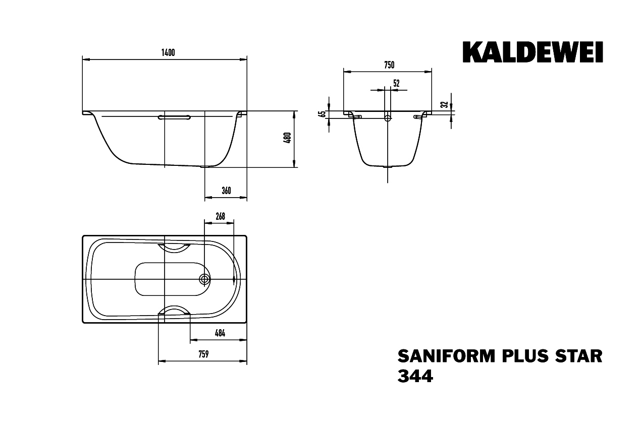 KA BW SANIFORM PLUS STAR Mod.344,1400x 750mm,alpinweiß,Antislip