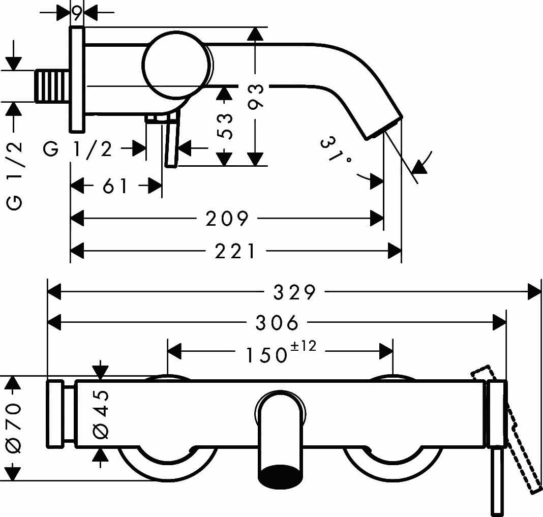 Hansgrohe Wannenmischer Aufputz Tecturis S MSW