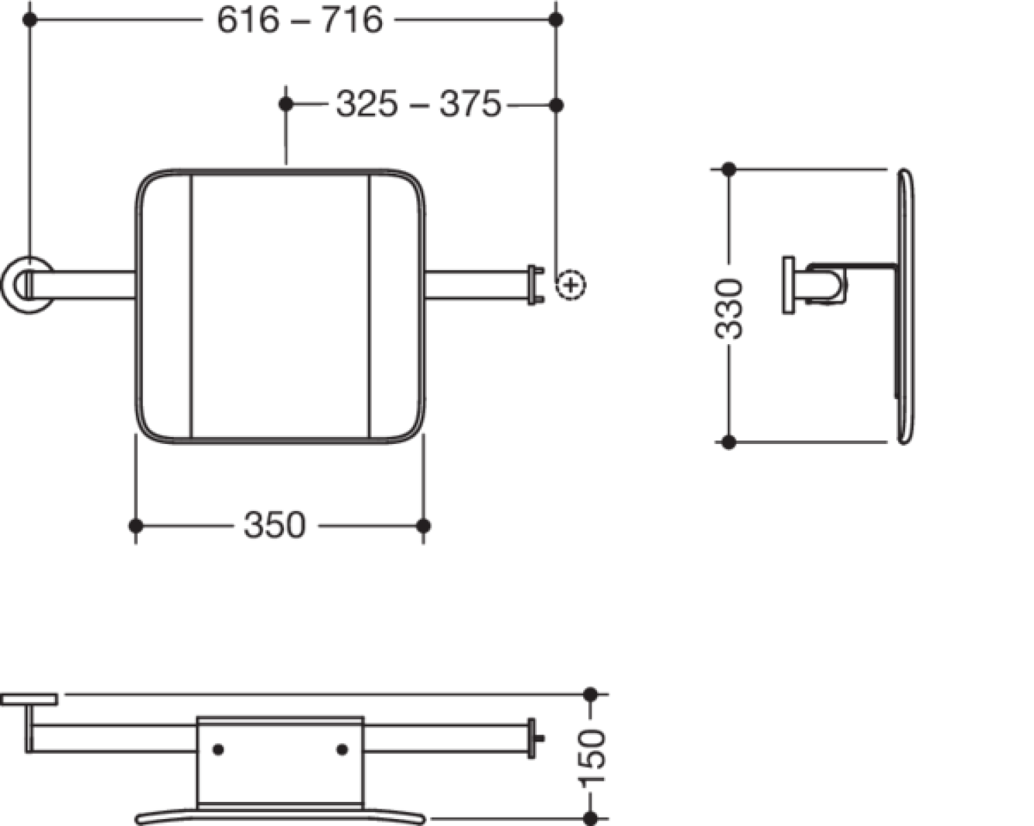 HEWI Rückenst., Sys 900, T:150, re Wand, li SK-Griff (A), schliff anthrazitgrau