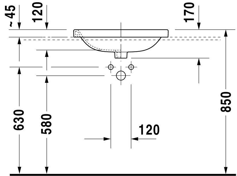 DU Einbauwaschtisch DuraStyle 560 mm EB v.oben, m.ÜL, m.HLB, 1 HL, weiß WG