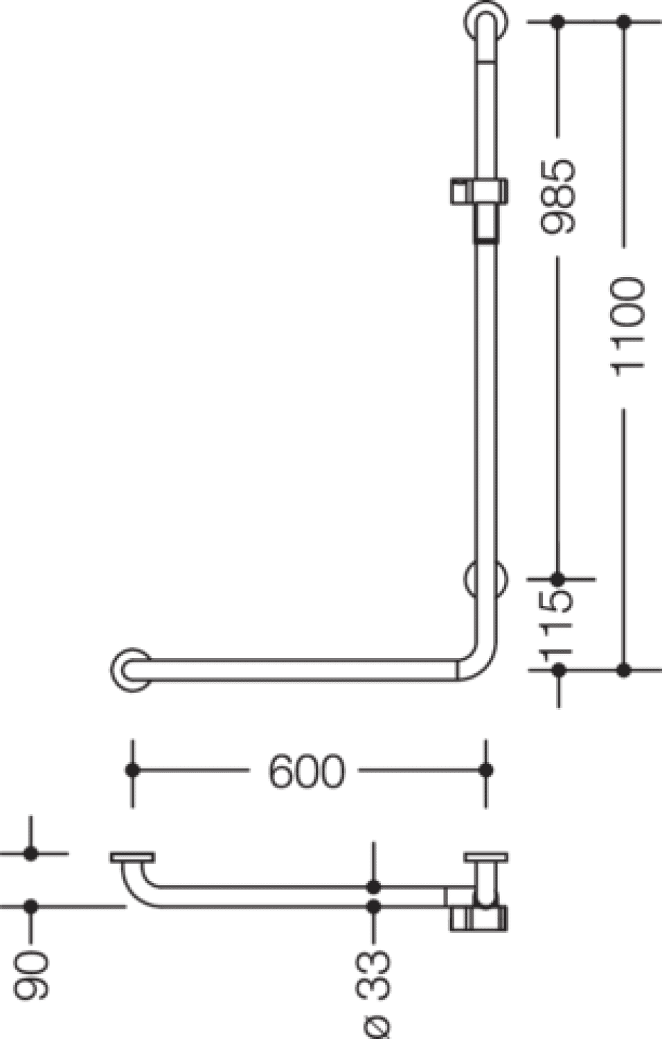 HEWI Winkelgriff m.Br.H.Stg.Ser 805, li, d:33mm, AM1:1100, W1:600 reinweiß