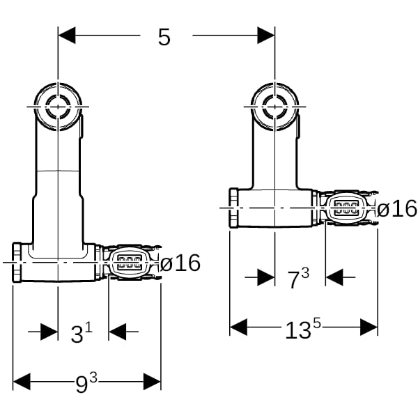 Geberit FlowFit Set Anschluss-Endstück rechts für Vorl./Rückl. SiBr d16-15