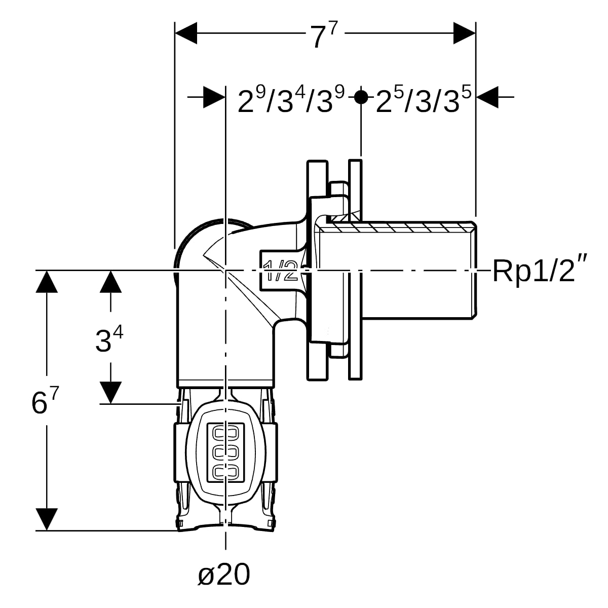 Geberit FlowFit Eckwanddurchführung 90Gr RG+ d20-Rp1/2-d20