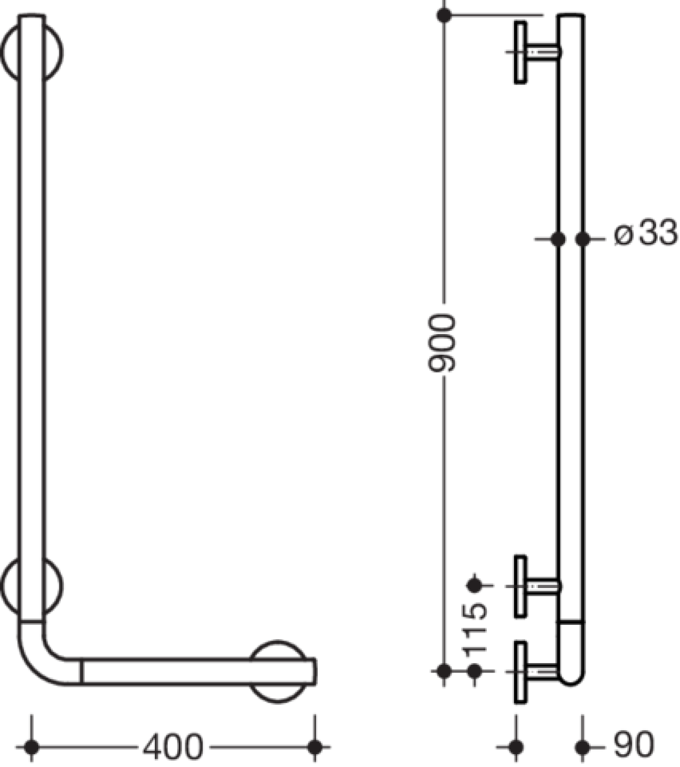 HEWI Winkelgriff, AM:900mm, W:400mm, d:33mm, Kst., chromoptisch beschichtet