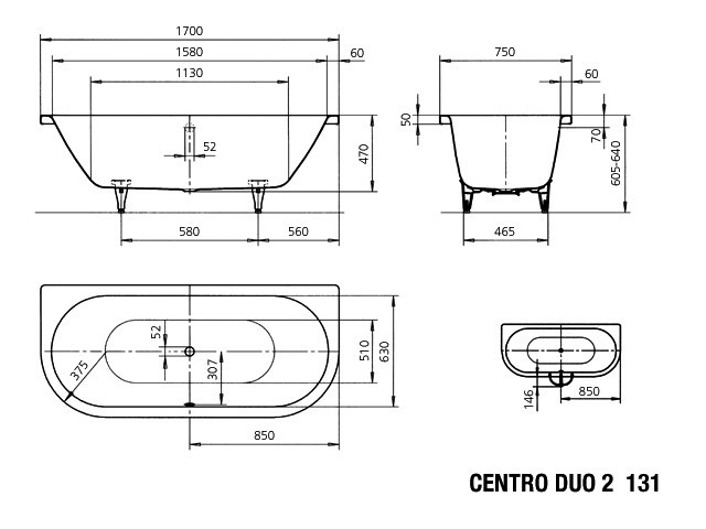 KA BW CENTRO DUO 2 Mod.131,1700x750mm, warm grey 60