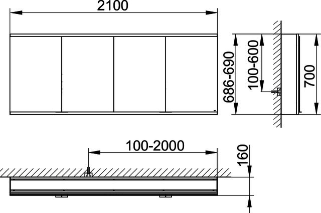 KEUCO Royal Modular 2.0 SPS, bel. 80041, Vorb,4Steckd,sb-elox,2100x700x160mm