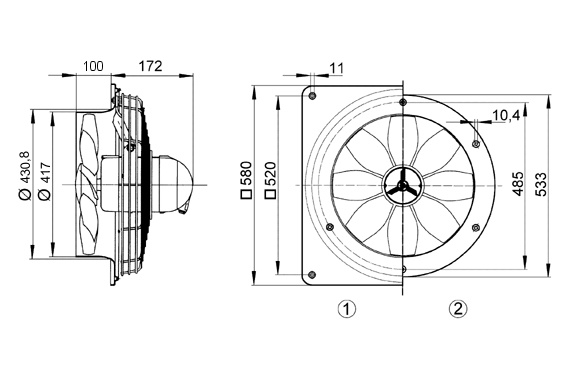 Maico Axial-Wandventilator DZQ 40/4 B Ex t Wandplatte, Drehstrom, StaubEx, 4130m3/h