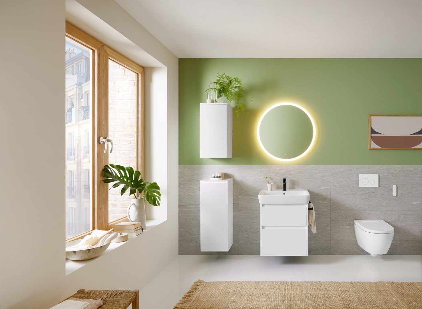 Geberit Renova Plan Mittelhochschrank m.1 Tür 33x85x29,7cm, weiß/l. seidenmatt