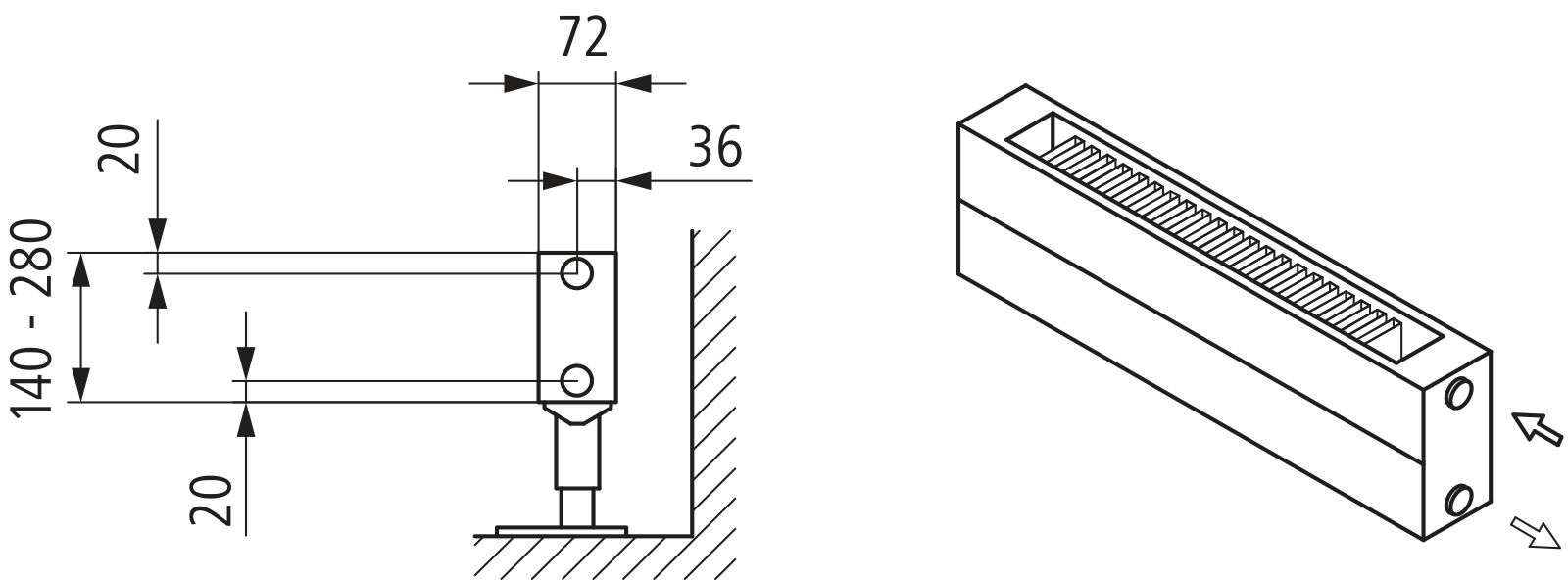 Kermi Konvektor Typ21 BH140x72x1800mm QN977,weiß,6 bar, m. Abd., AB Uni.
