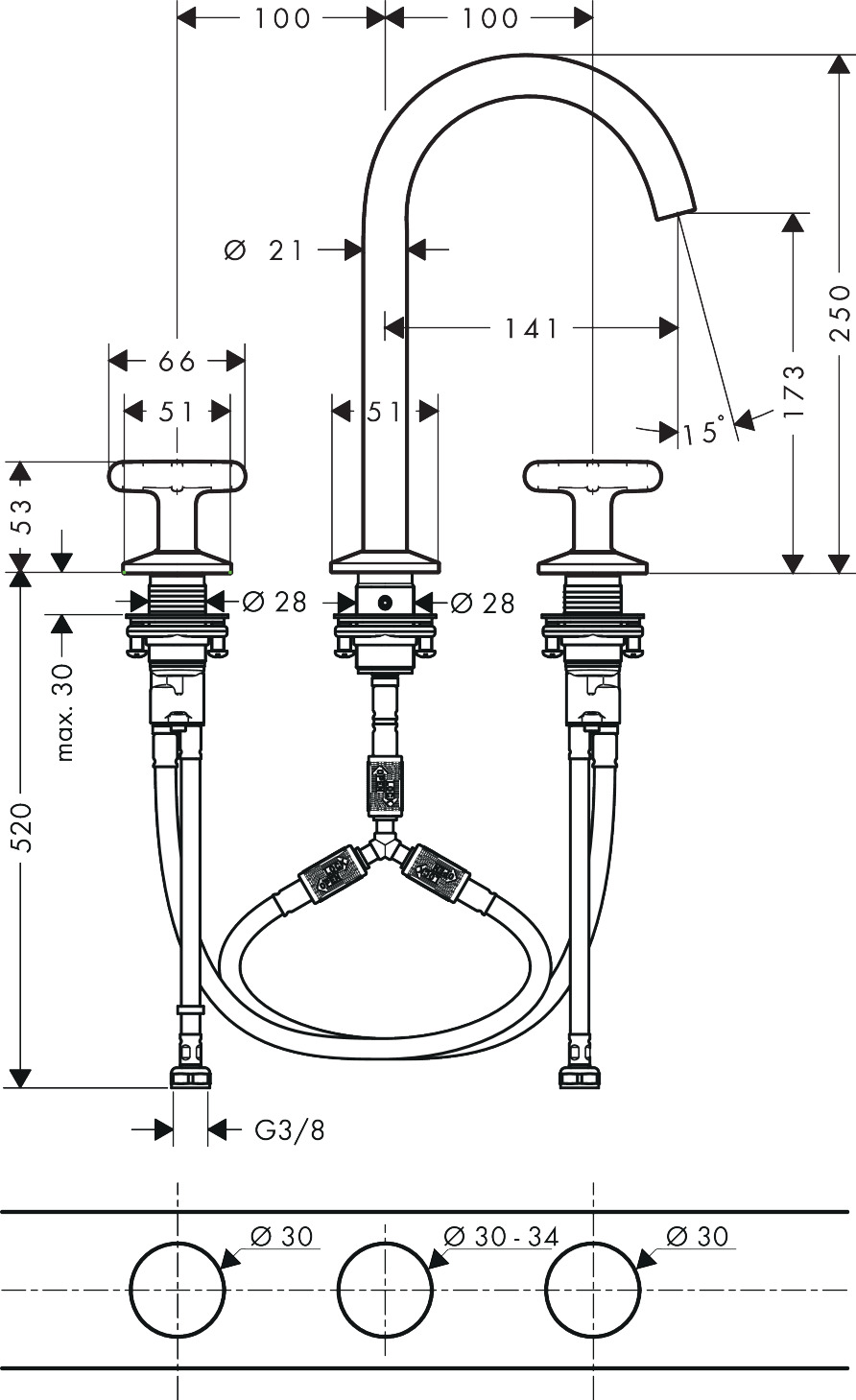 Hansgrohe 3-Loch Waschtischarmatur AXOR One 170 Kreuzgriff Push-Open Ablaufgarn. BRG