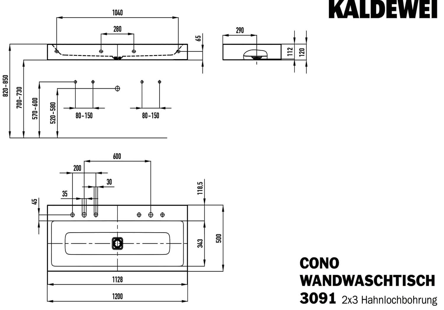 KA WB CONO WANDWASCHTISCH Mod.3091,1200x 500mm,alpinweiß,PEFF,AD,m. 2x3HL,oÜL