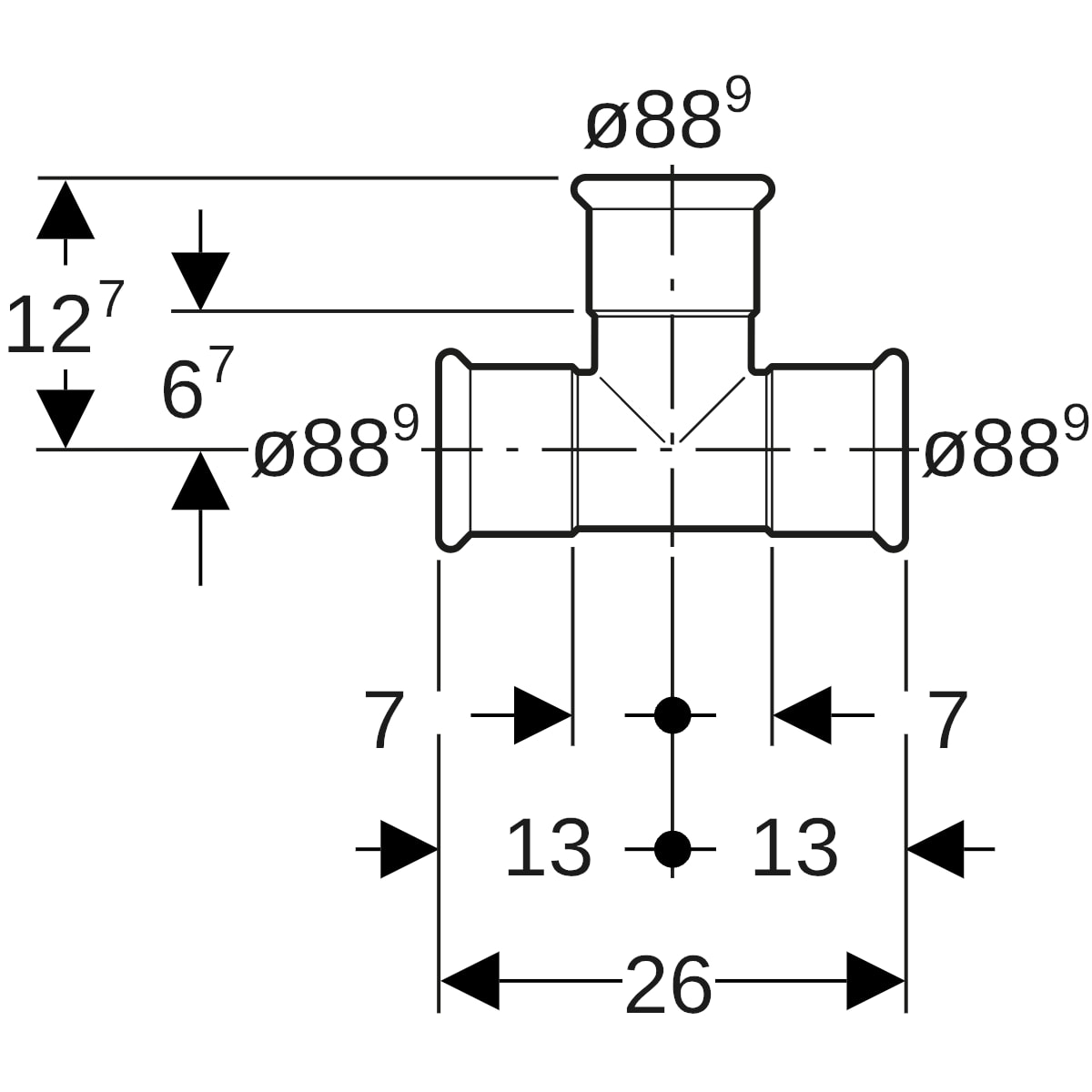 Geberit Mapress Edelstahl T-Stück egal (Gas) d88,9-88,9-88,9