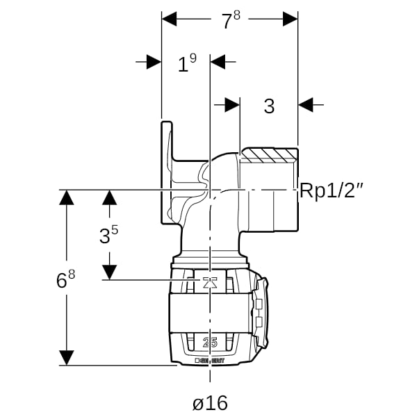 Geberit FlowFit Anschlusswinkel 90Gr Rg+ d16-Rp1/2 L:78mm