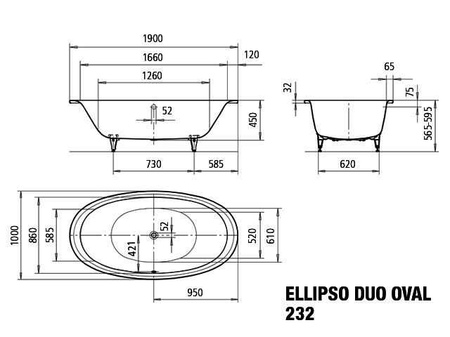 KA BW ELLIPSO DUO OVAL Mod.232,1900x1000 mm,alpinweiß