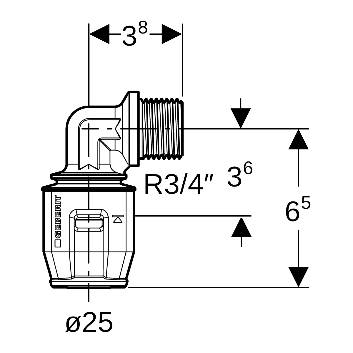 Geberit PushFit Übergangsbogen 90Gr mit AG Rg d25-R3/4
