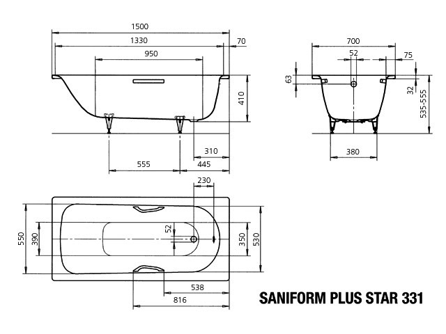 KA BW SANIFORM PLUS STAR Mod.331,1500x 700mm,alpinweiß,mit Vollantislip