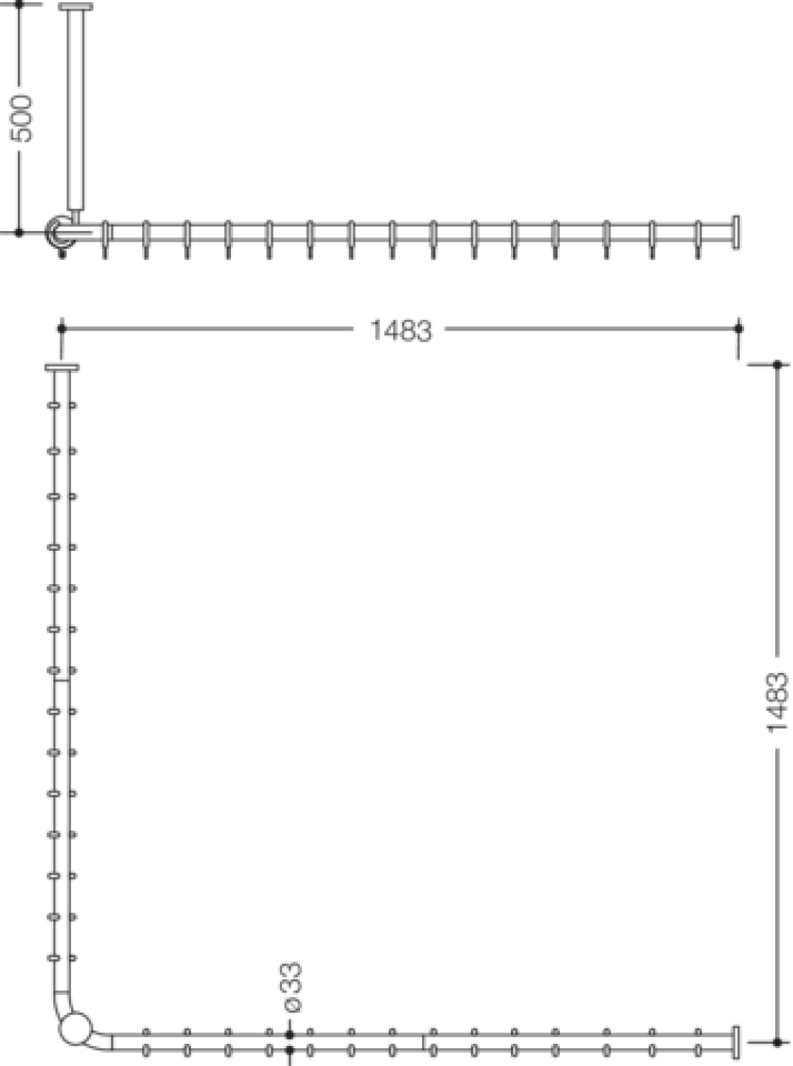 HEWI VH-Stange Ser 801,A1/2:1483,kürzb, 28 Ringe, Deckenabh. A:500 signalweiß