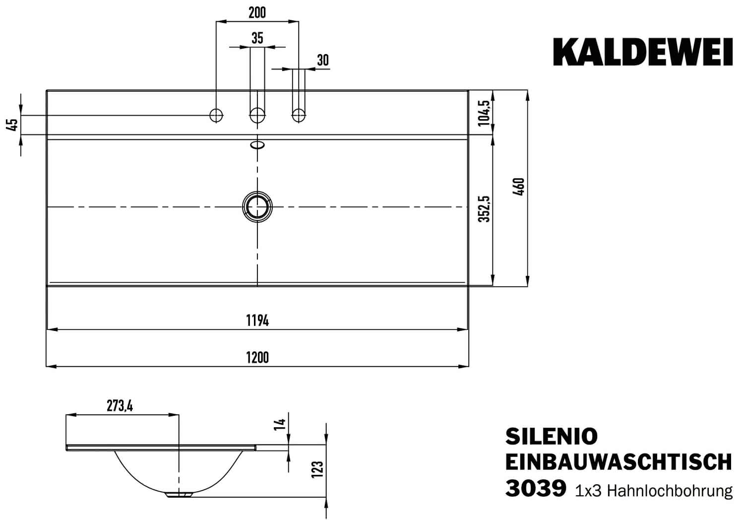 KA WB SILENIO EINBAUWASCHTISCH Mod.3039, 1200x460mm,alpwe,PEFF,AD,m. 3HL,mÜL,chr