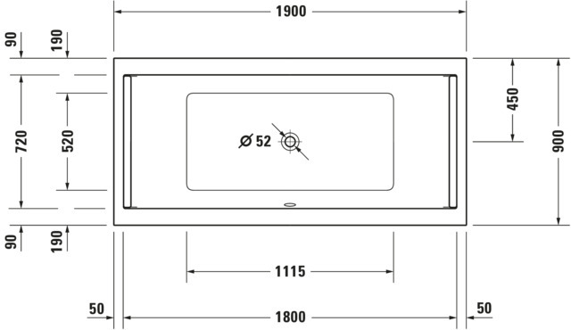 DU Starck Badewanne 1900x900 Einbau Mittelabl.,Rückenschr. 2 L/R, Weiß