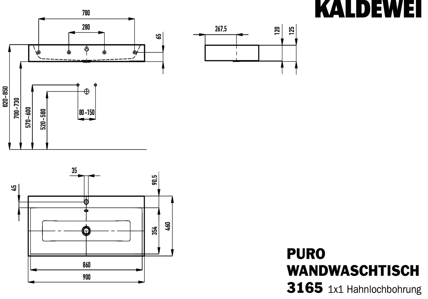 KA WB PURO WANDWASCHTISCH Mod.3165,900x 460mm,cg70,PEFF,AD,m. 1HL,mÜL,chr