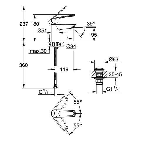 GROHE EH-WT-Batterie Eurosmart 23980_3 S-Size offener Hebel PO-Ablaufgrt. chrom