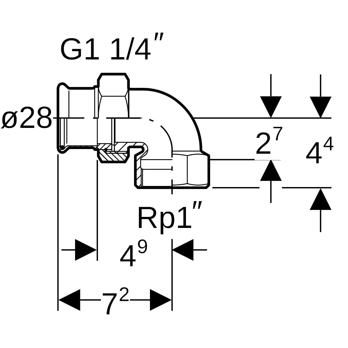 Geberit Mapress Kupfer Übergangswinkel Verschraubung 90Gr mit IG Rg d28-Rp1