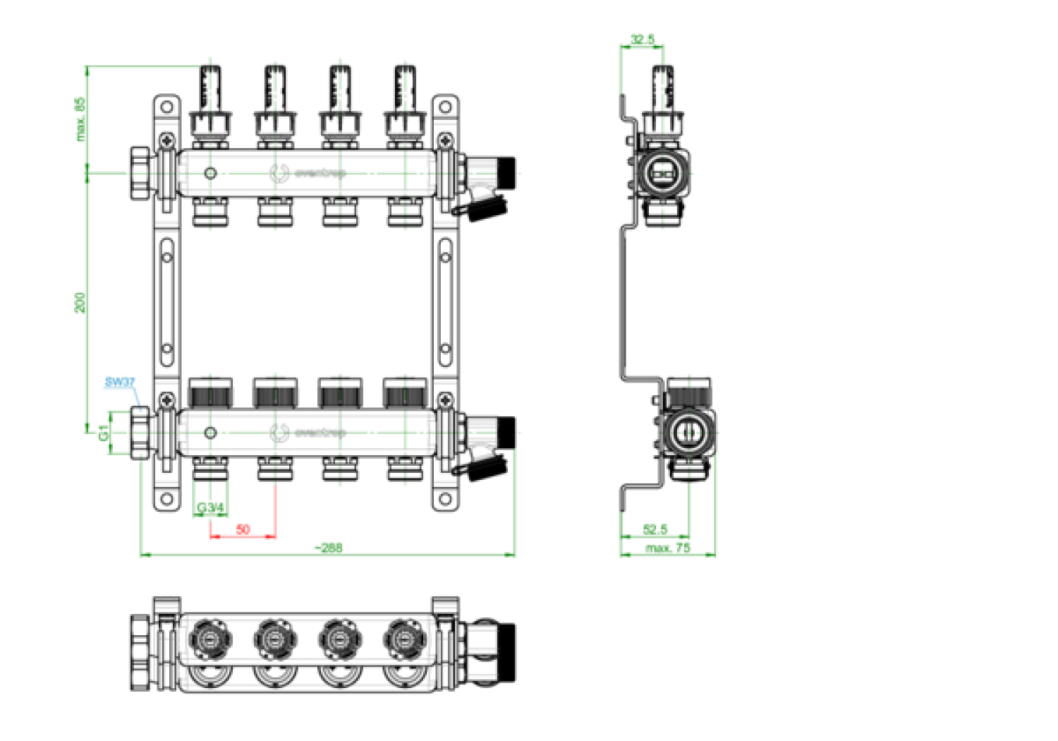 OVENTROP-Edelstahl-Verteiler 1" Multidis SF für 4 Kreise, 0-5 l/min