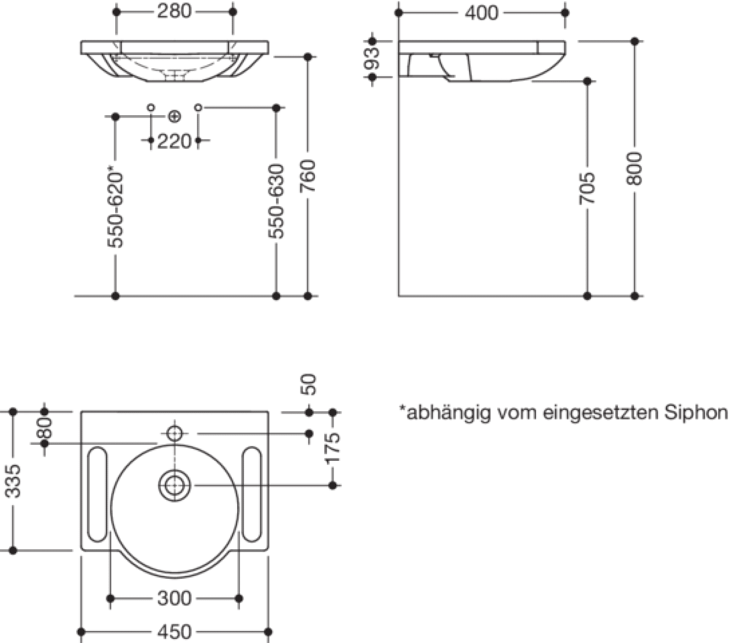 HEWI Waschtisch, B:450mm, T:400mm, alpinweiß, ohne Überlauf, 1 HL
