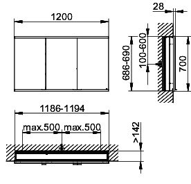 KEUCO Royal Modular 2.0 SPS, unbel. 80030, Einb,2Steckd,sb-elox,1200x700x160mm